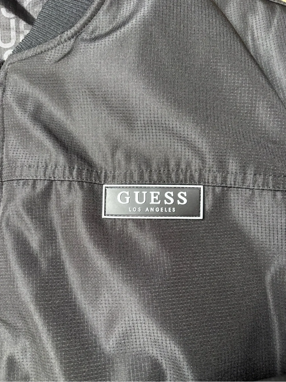 GUESS Men's Black Bomber Jacket with Silver Zippers